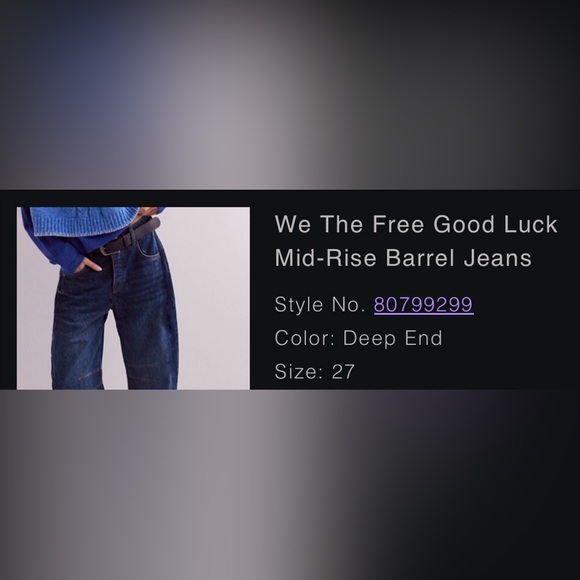 Free People We The Free Good Luck Mid-Rise Barrel Jeans Deep End Size 27 - Picture 8 of 12